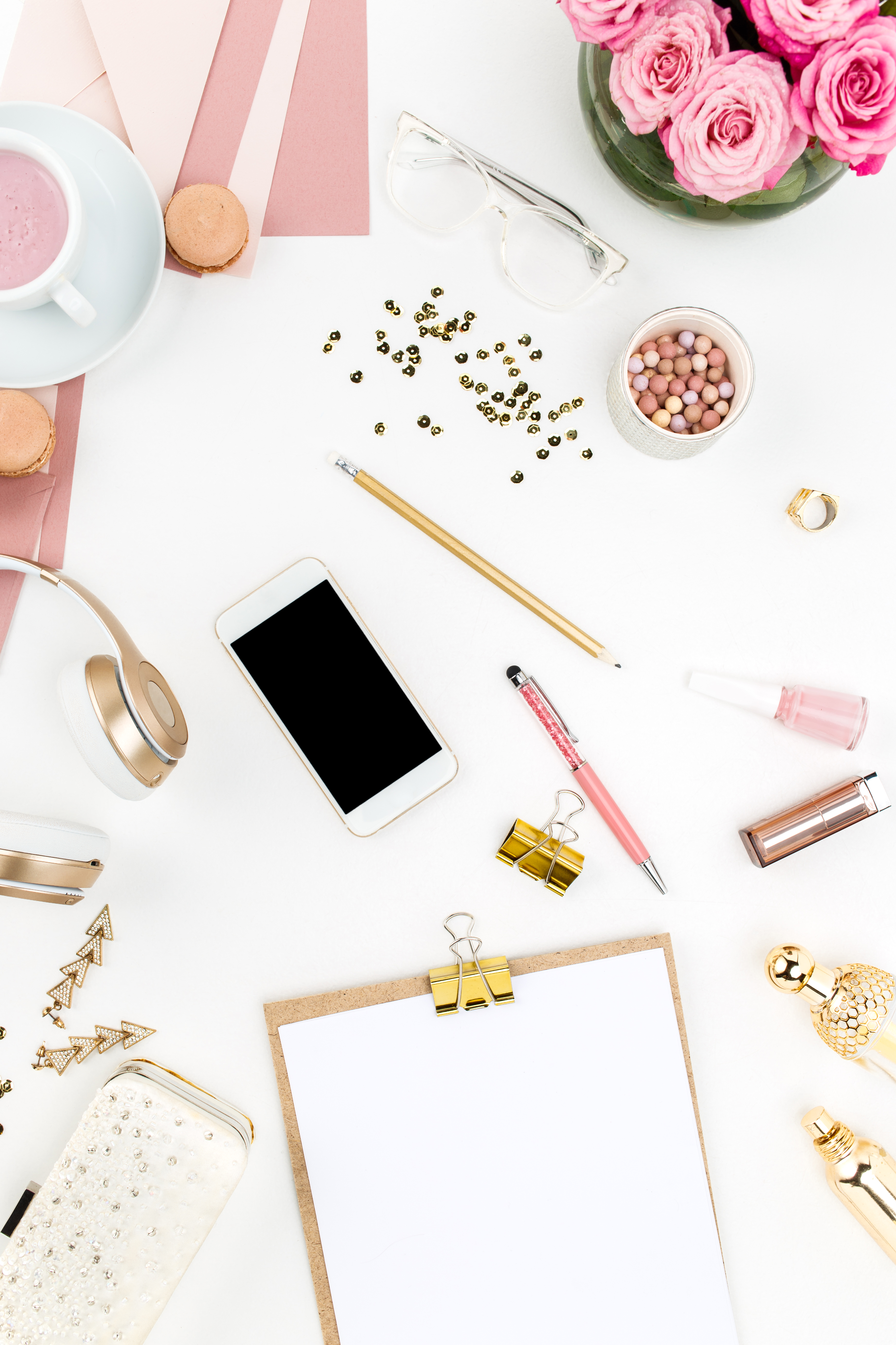 Still life of fashion woman, objects on white